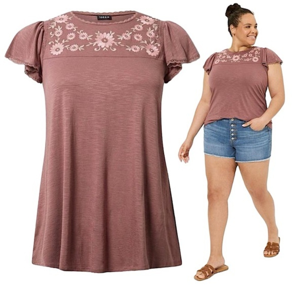 TORRID Vintage Slub Embroidered Flutter Sleeve‎ Top